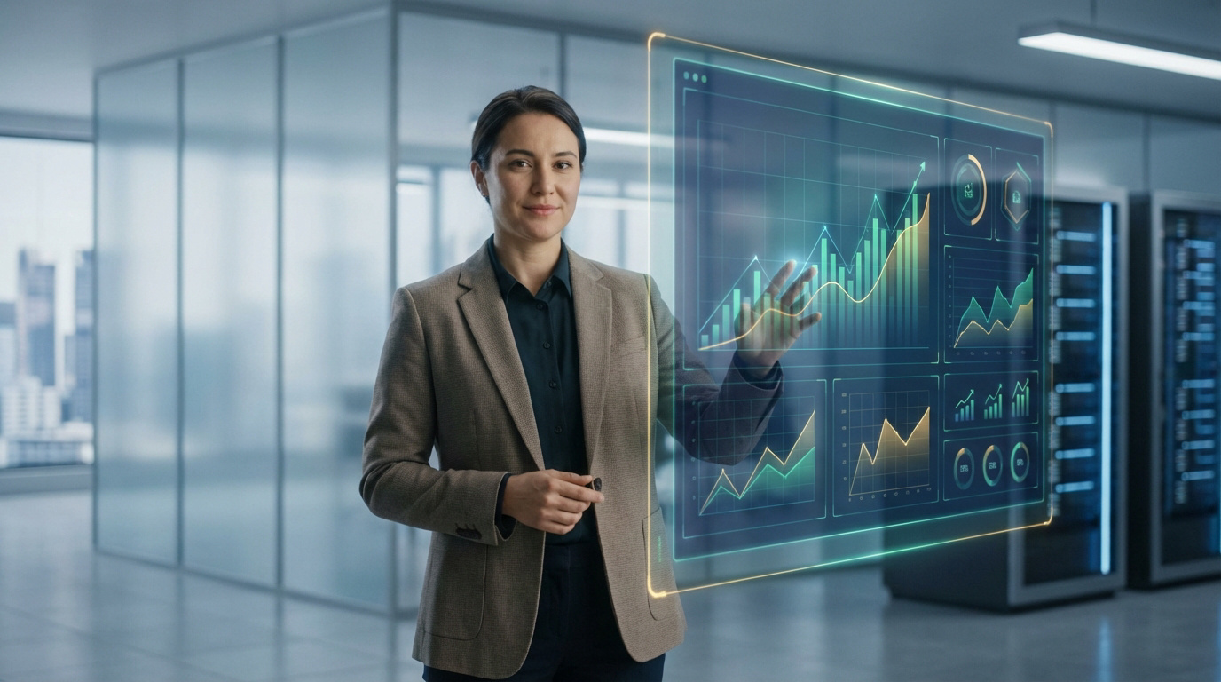 Professionnelle analysant des données financières et de crédit sur un écran holographique en environnement de centre de données.