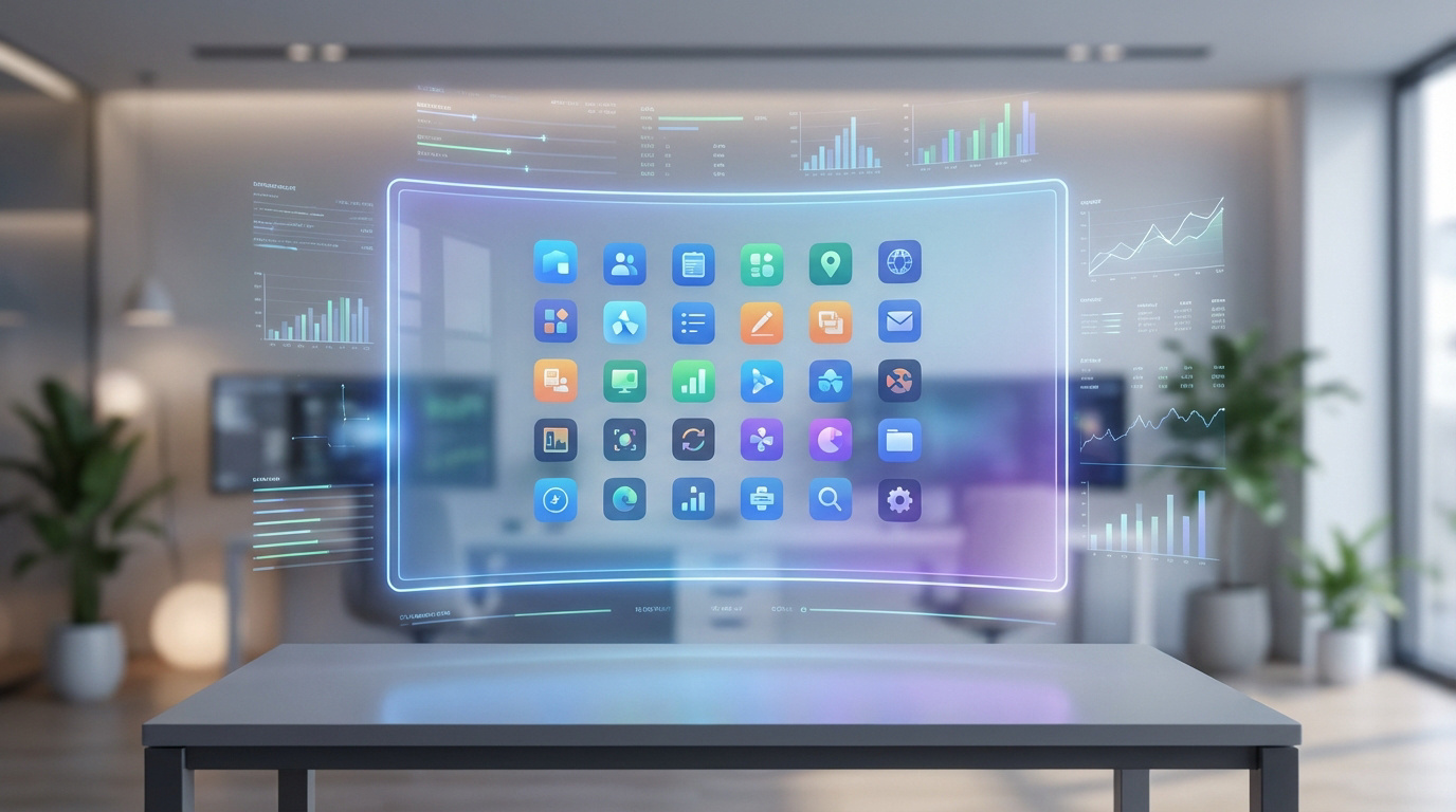 Écran holographique flottant au-dessus d'une table, affichant des icônes d'applications et des graphiques de données dans un bureau moderne.