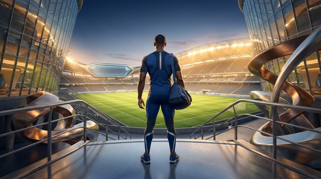 Athlète de dos avec sac de sport, contemplant un stade de football moderne et futuriste au coucher du soleil, tribunes vides.