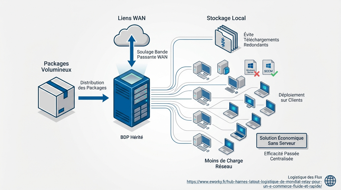 Schéma d'une architecture réseau SCCM incluant des points de distribution et le stockage local des données IT