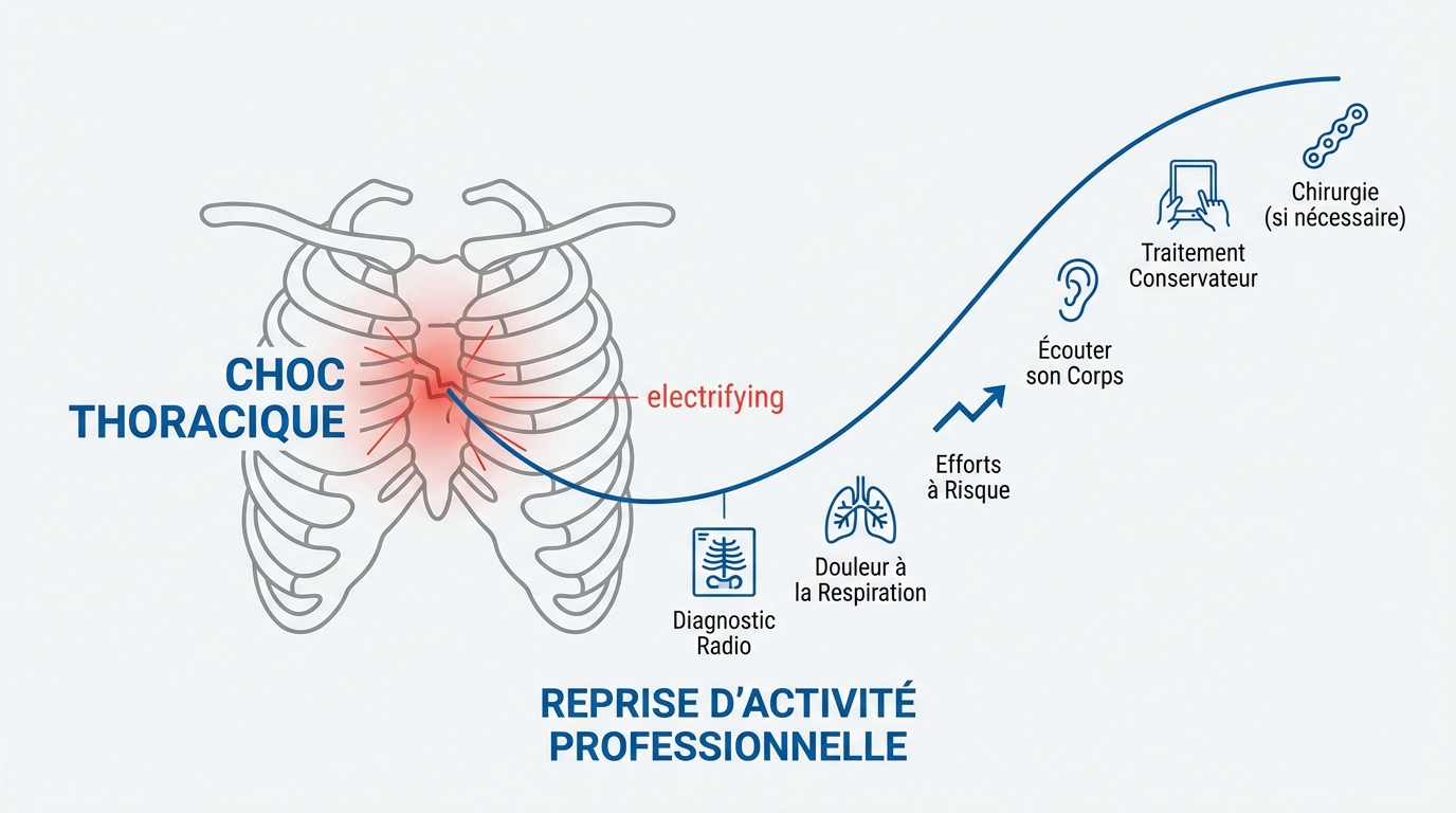 Schéma médical illustrant le processus de consolidation d'une fracture du sternum et le repos thoracique.
