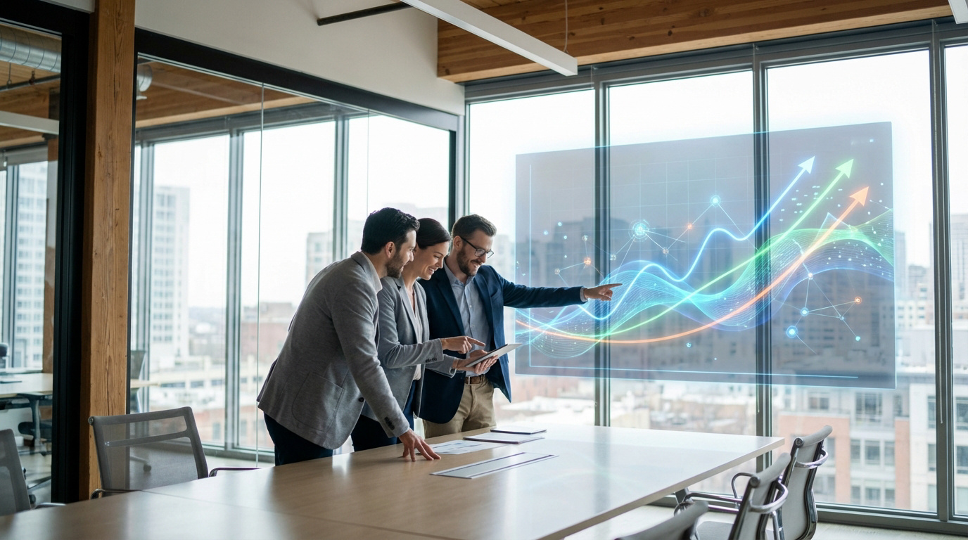 Trois professionnels en réunion, analysant un graphique de croissance lumineux sur un écran transparent dans un bureau moderne.