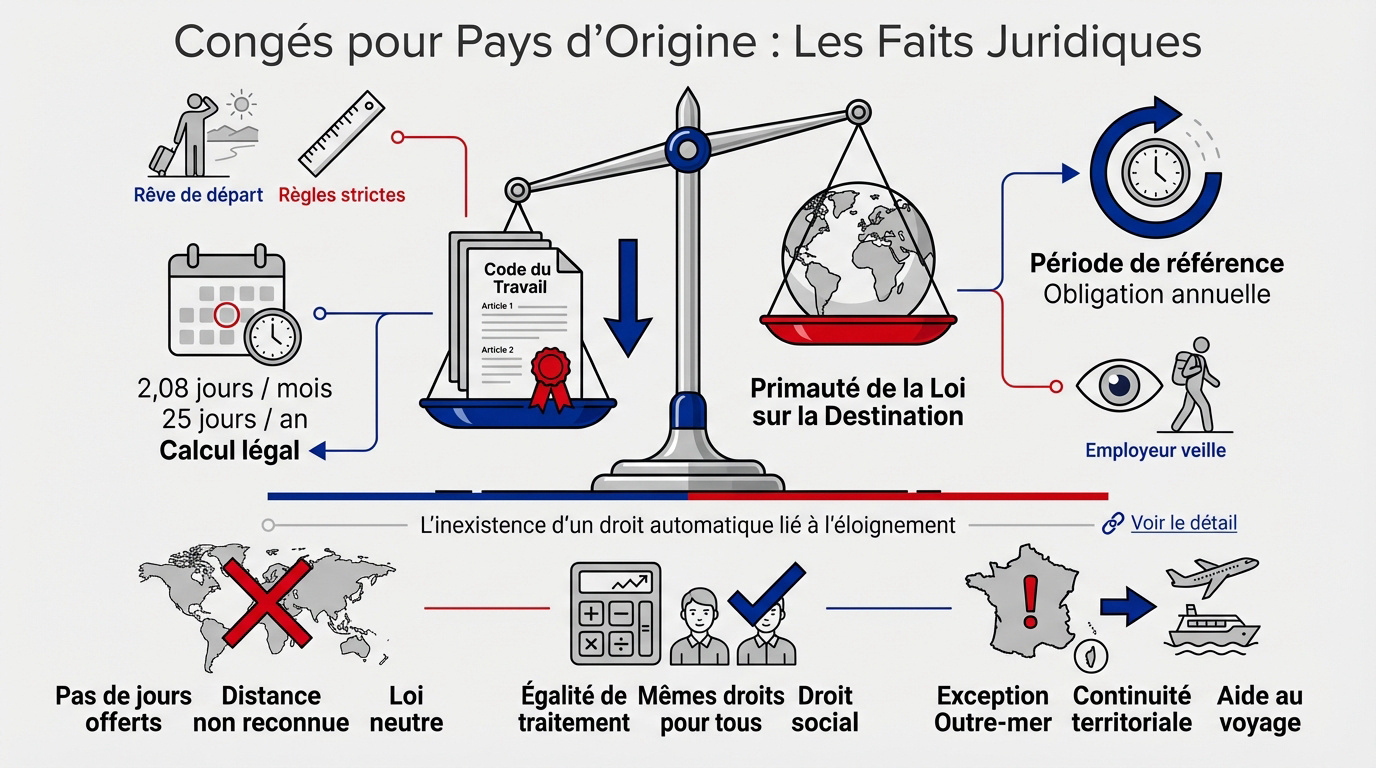 Documents juridiques et passeport illustrant les droits aux congés pour un retour au pays