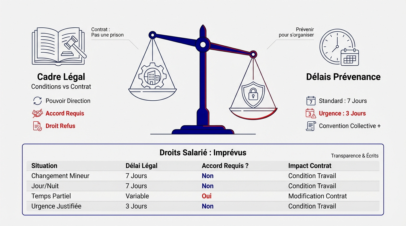 Balance de la justice et horloge symbolisant le droit du travail et les délais de prévenance