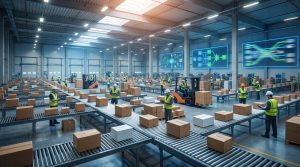 Grand entrepôt moderne avec travailleurs, convoyeurs de colis, chariots élévateurs et écrans d'information logistique.