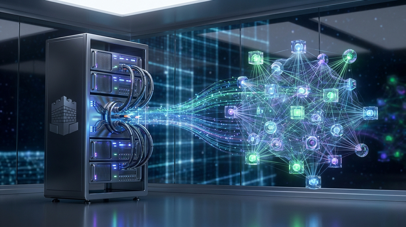 Un rack de serveurs futuriste projette des données vers un réseau distribué de nœuds lumineux, illustrant la connectivité moderne.