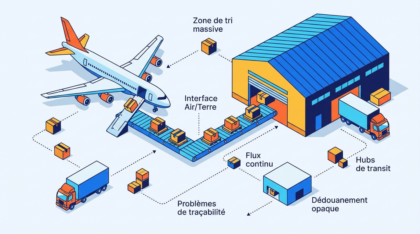 Illustration isométrique d'un terminal de fret aéroportuaire avec avions et camions de logistique