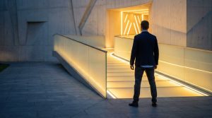Vue de dos d'un homme face à un couloir moderne en béton, éclairé par une lumière chaude, suggérant un nouveau chemin.