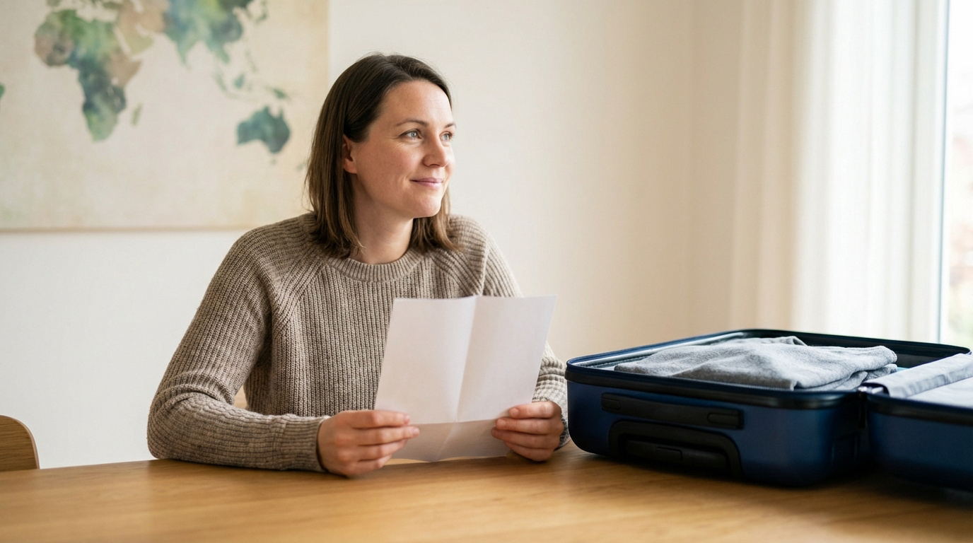 Femme souriante tenant une lettre, devant une valise ouverte et une carte du monde, prête pour un voyage.