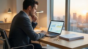 Homme en costume analyse graphiques financiers sur laptop, main au menton. Bureau avec clés, documents. Skyline urbaine en arrière-plan.