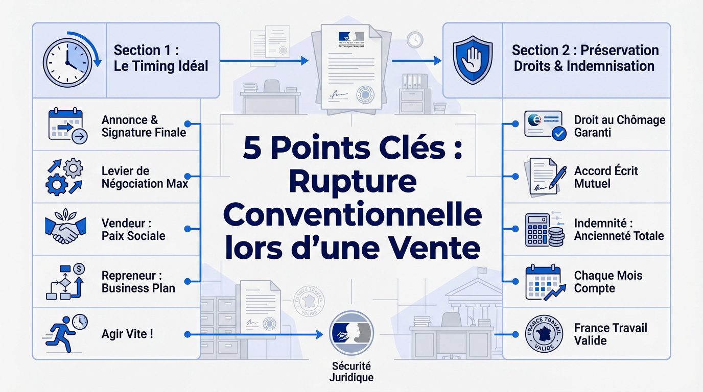 Schéma des étapes d'une rupture conventionnelle lors d'une vente d'entreprise