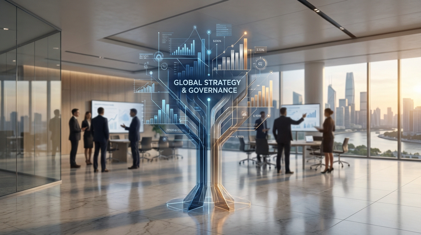 Arbre de données lumineux "Global Strategy & Governance" au centre d'un bureau moderne avec vue sur ville, des cadres discutent.
