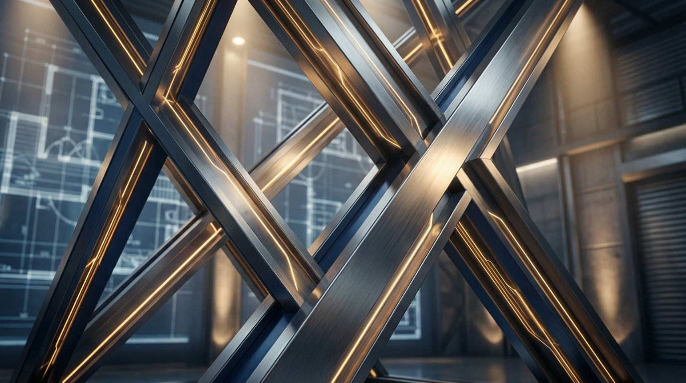 Vue rapprochée d'une structure métallique croisée moderne, éclairée par des lignes lumineuses dorées, sur fond de plans architecturaux.