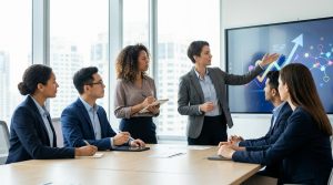Six cadres en salle de réunion. Une présentatrice pointe un graphique de croissance. Les autres prennent des notes ou écoutent attentivement.