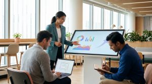 Une formatrice présente des graphiques sur un écran interactif à deux hommes en formation, l'un sur PC.