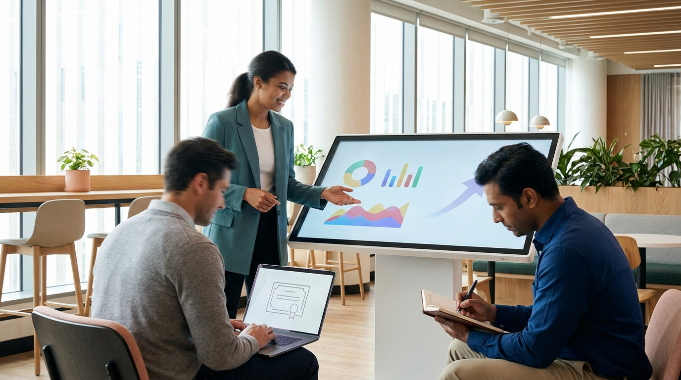 Une formatrice présente des graphiques sur un écran interactif à deux hommes en formation, l'un sur PC.