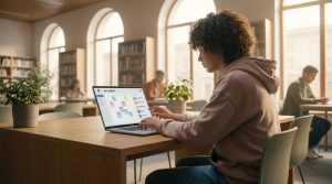 Jeune femme aux cheveux bouclés consultant son emploi du temps "MY CLASSES" sur un portable, dans une salle d'étude lumineuse.