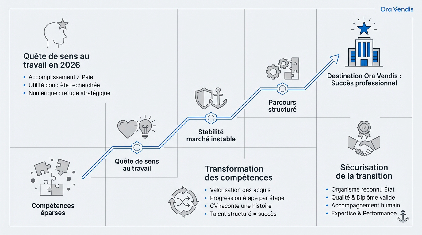 Infographie détaillant le parcours de reconversion professionnelle avec Ora Vendis