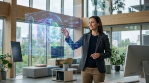 Une femme souriante interagit avec un écran holographique affichant des données et un diagramme de flux IA dans un bureau moderne.