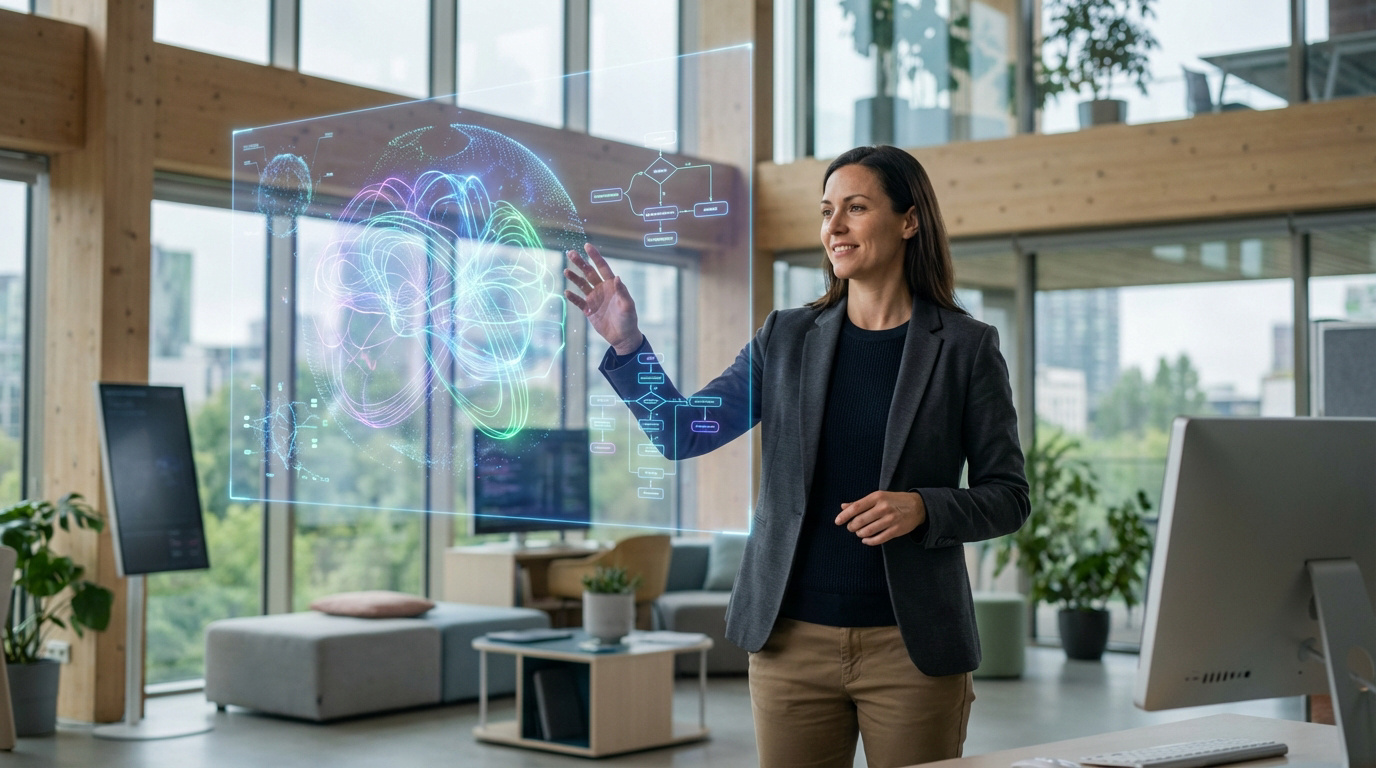 Une femme souriante interagit avec un écran holographique affichant des données et un diagramme de flux IA dans un bureau moderne.