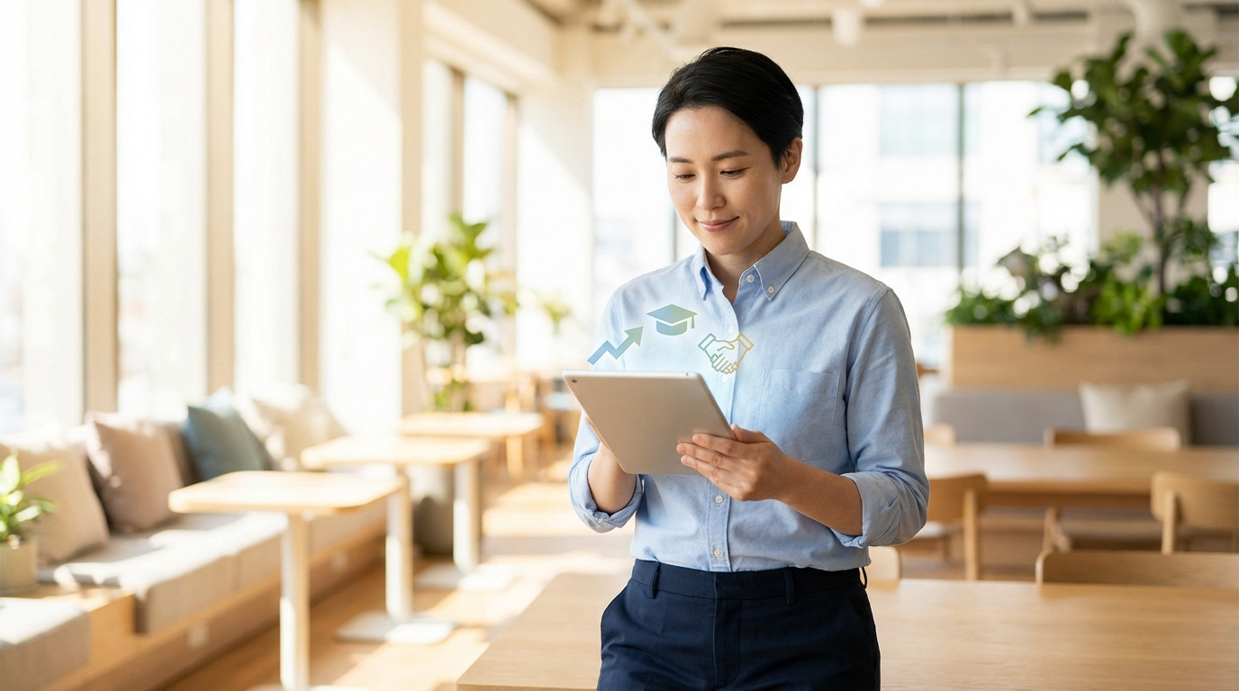 Une femme consulte sa tablette affichant des icônes de progrès, formation et collaboration, dans un bureau lumineux.