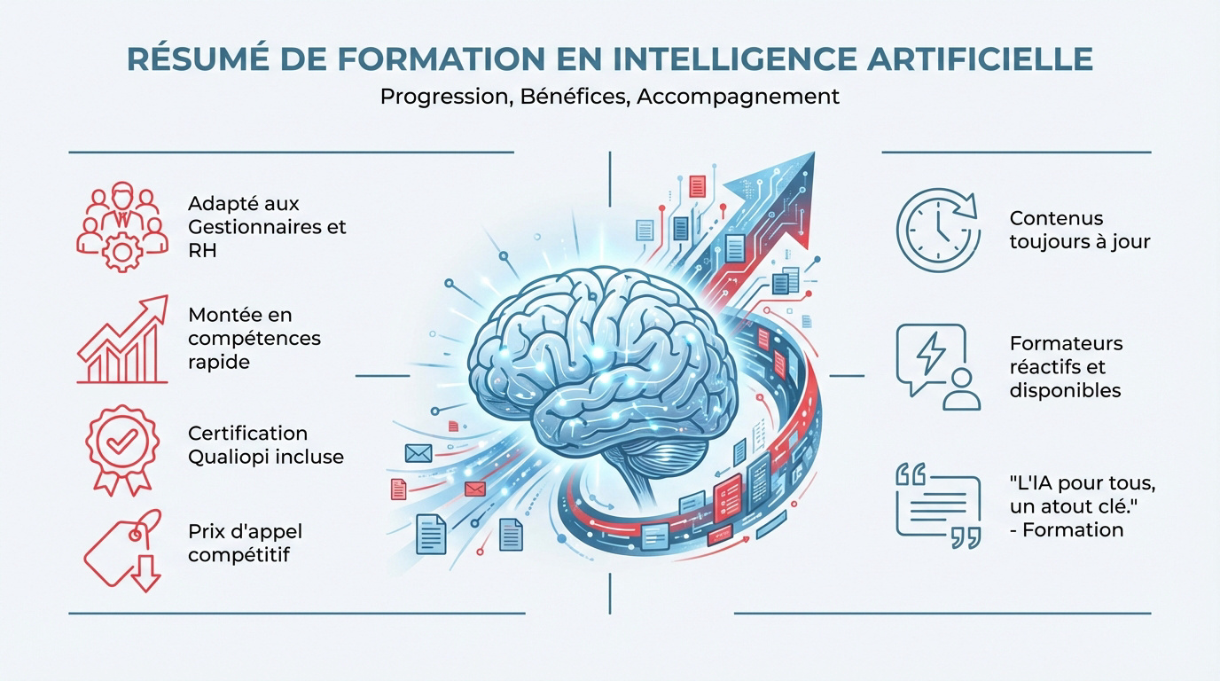 Schéma des bénéfices et de la progression pédagogique des formations IA chez Comundi