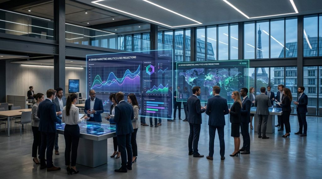 Professionnels en réunion dans un bureau moderne avec vue sur la Tour Eiffel et écrans holographiques de données.