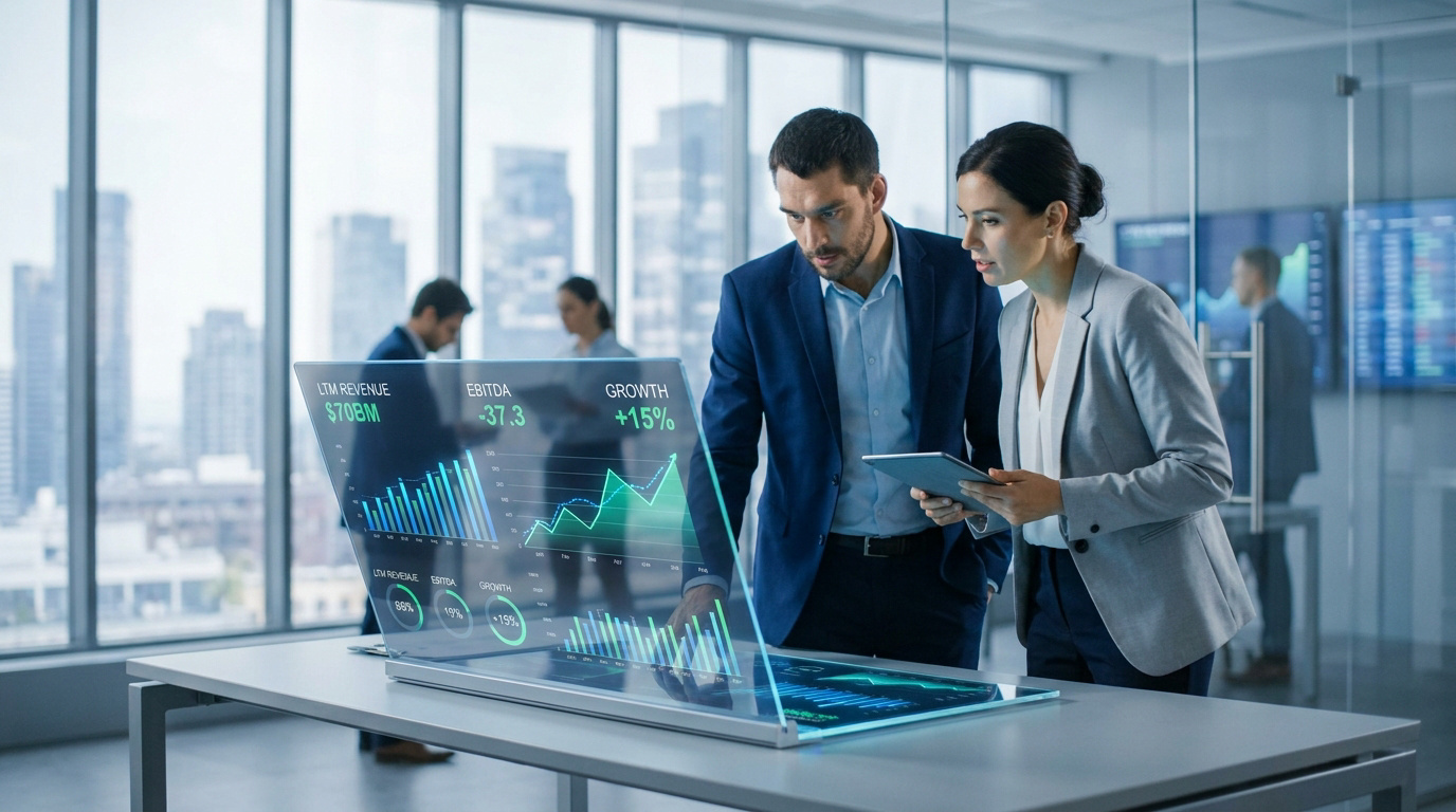 Professionnels analysant des données financières LTM sur un écran tactile holographique dans un bureau moderne.