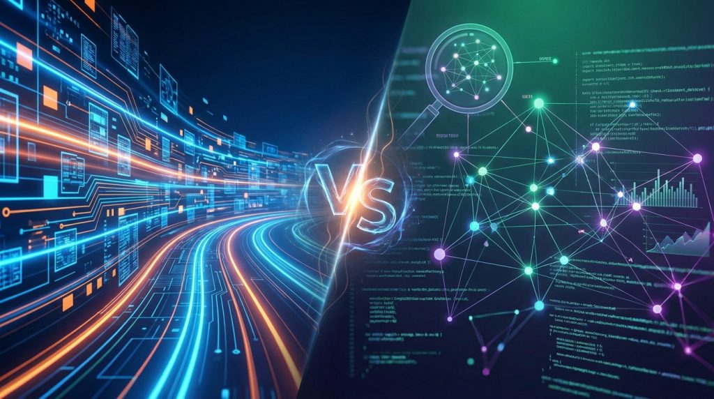 Image abstraite comparant des flux de données rapides et volumineux à une analyse de réseau précise et intelligente. Le symbole "VS" est au centre.
