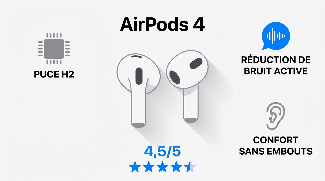 Écouteurs Apple AirPods 4 avec boîtier de charge USB-C et puce H2