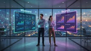 Deux personnes face à des écrans holographiques de données SEO : Wisewand (vert) et Skoatch (violet), comparant des outils analytiques dans un bureau moderne.