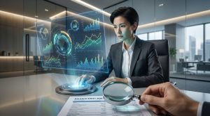 Une femme d'affaires examine des graphiques financiers holographiques avec une loupe sur un bilan comptable.
