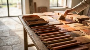 Une main applique une finition sur des carreaux en terre cuite artisanaux posés sur une table en bois dans un atelier.