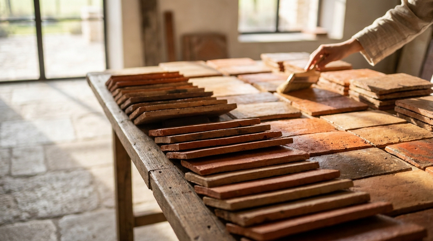 Une main applique une finition sur des carreaux en terre cuite artisanaux posés sur une table en bois dans un atelier.