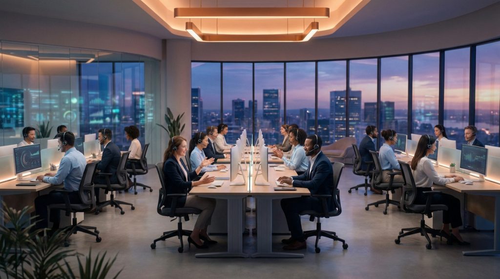 Équipe dynamique travaillant dans un centre de relation client moderne avec vue sur la ville au crépuscule.