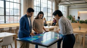 Trois professionnels (deux hommes, une femme) analysent des données sur une table tactile interactive dans un espace de bureau lumineux.