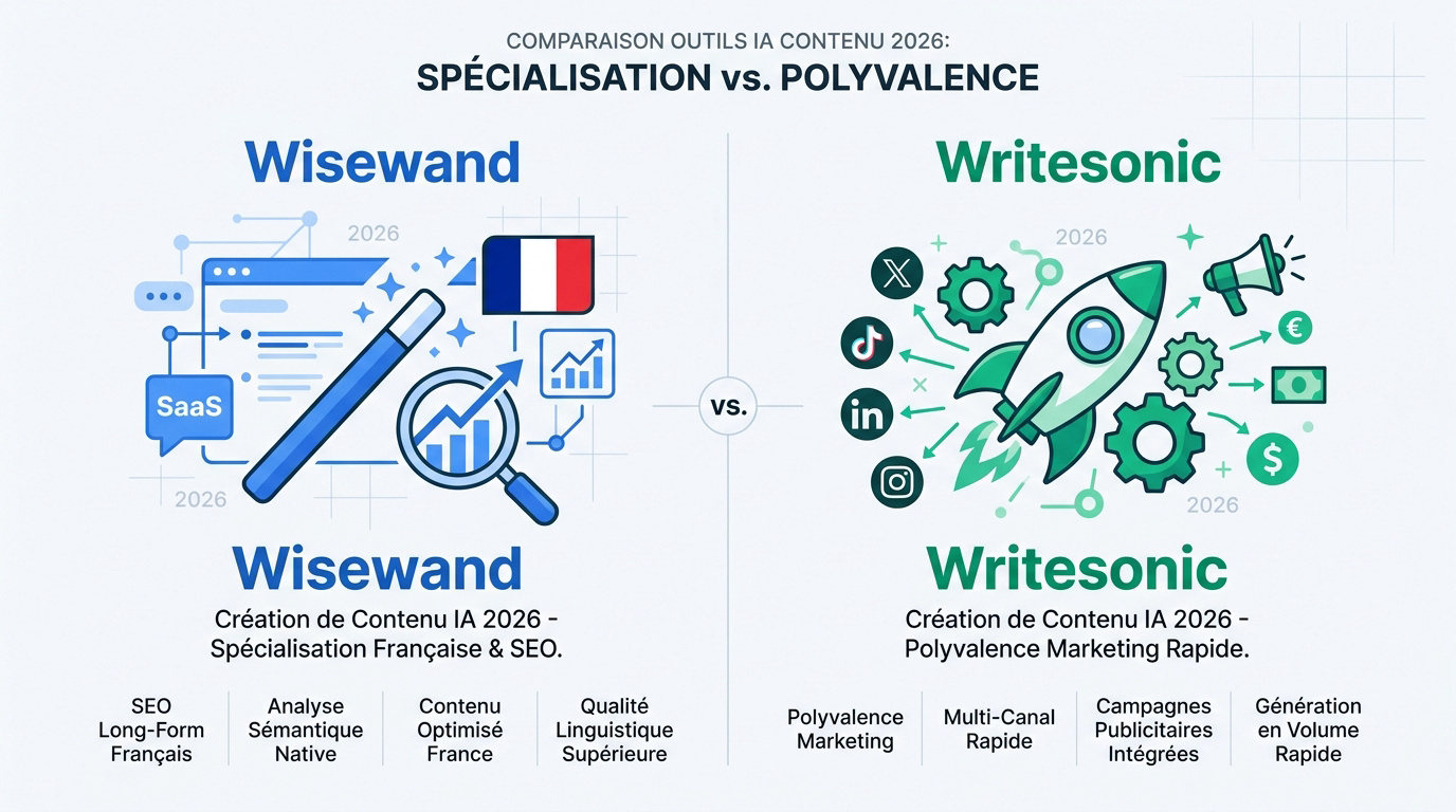Comparatif 2026 entre Wisewand spécialisé SEO français et Writesonic outil marketing polyvalent