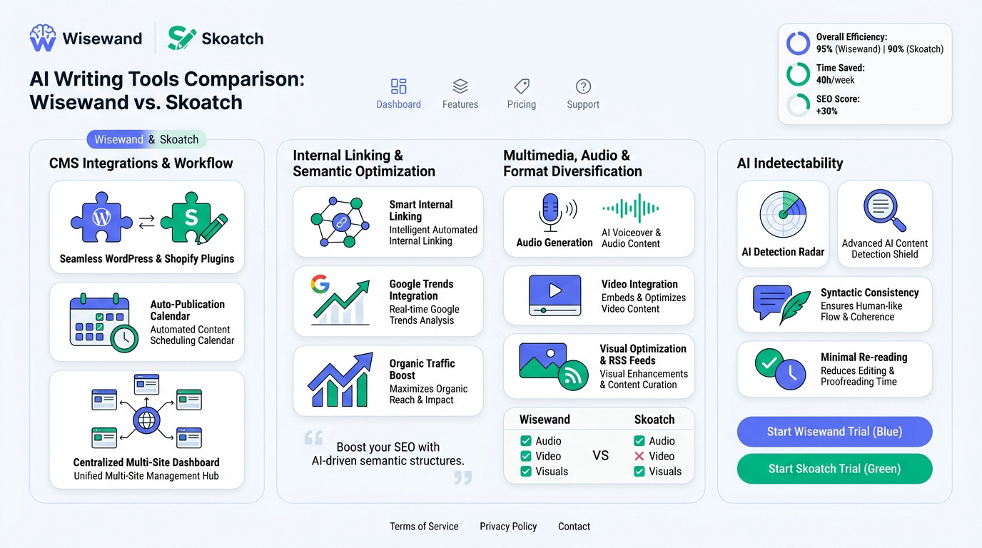 Comparatif détaillé entre Wisewand et Skoatch pour choisir son outil de rédaction IA