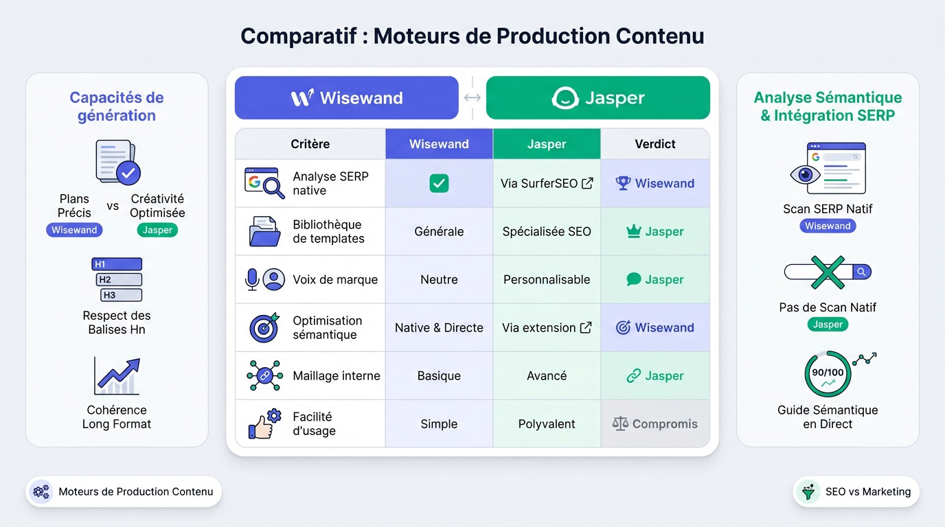 Comparatif entre l'outil SEO Wisewand et l'assistant marketing Jasper