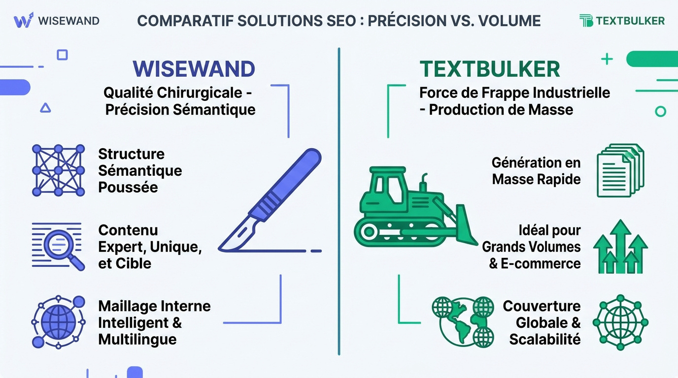 Comparaison des interfaces et fonctionnalités de Wisewand et Textbulker pour le SEO