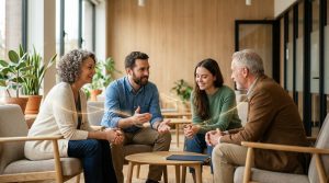 Quatre personnes de diverses générations souriantes en discussion animée, connectées par des lignes lumineuses dorées.