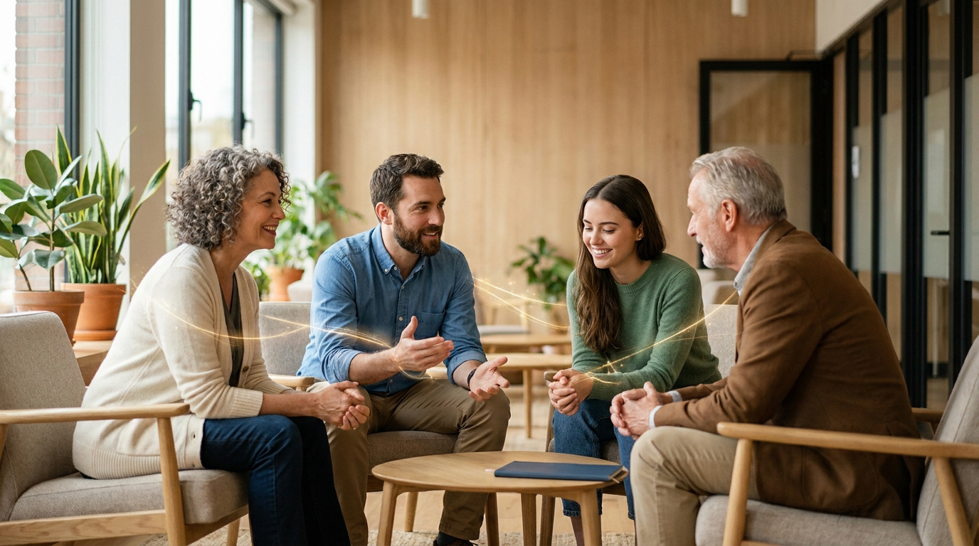 Quatre personnes de diverses générations souriantes en discussion animée, connectées par des lignes lumineuses dorées.