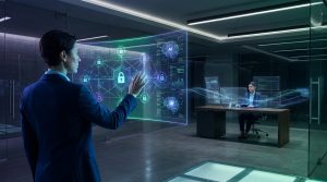 Deux professionnelles interagissent avec des interfaces numériques futuristes, illustrant les solutions de sécurité et d'IA d'Hericom.