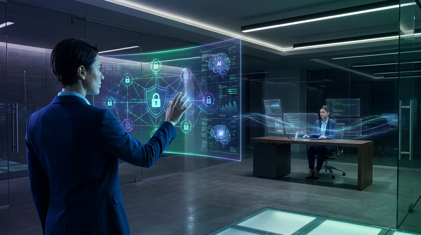 Deux professionnelles interagissent avec des interfaces numériques futuristes, illustrant les solutions de sécurité et d'IA d'Hericom.
