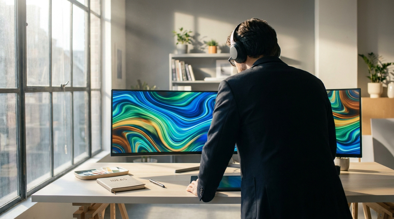 Un graphiste portant un casque travaille sur deux écrans affichant des motifs abstraits colorés dans un bureau lumineux.