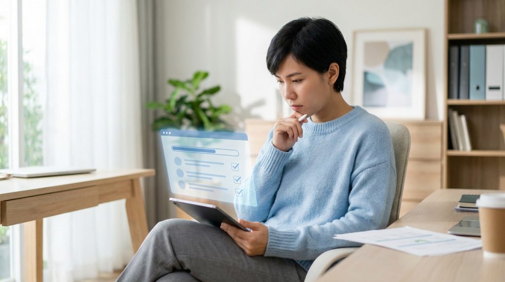 Femme asiatique en pull bleu consulte une tablette avec une interface numérique de suivi de tâches, illustrant la gestion de démarches.