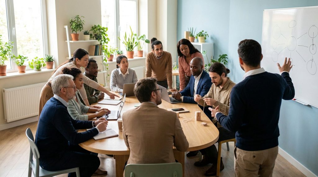 Groupe diversifié de professionnels en formation ou réunion. Un homme présente devant un tableau blanc, d'autres collaborent autour d'une table.