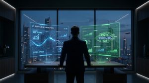 Un homme en costume regarde deux écrans holographiques comparant les outils SEO Wisewand (bleu) et Writesonic (vert) devant une skyline nocturne.