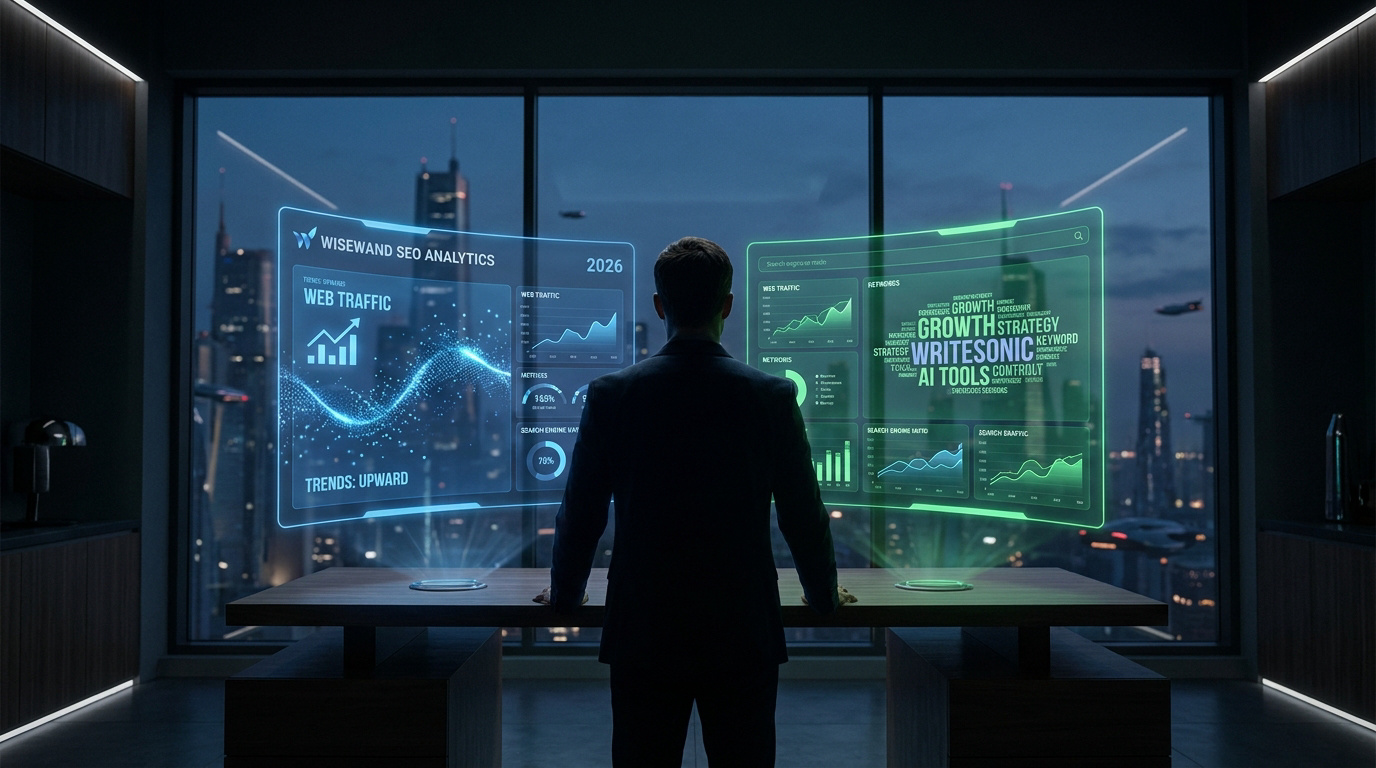 Un homme en costume regarde deux écrans holographiques comparant les outils SEO Wisewand (bleu) et Writesonic (vert) devant une skyline nocturne.