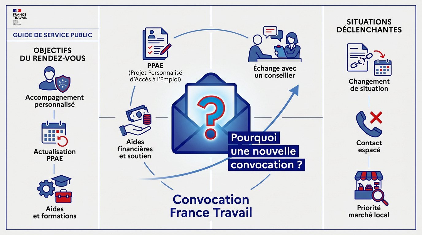 Conseiller France Travail expliquant une nouvelle convocation à un demandeur d'emploi